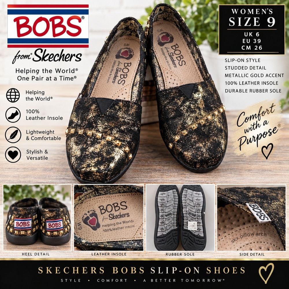 Skechers BOBS Womens 9 Black Gold Studded Slip On Flats Metallic Shoes